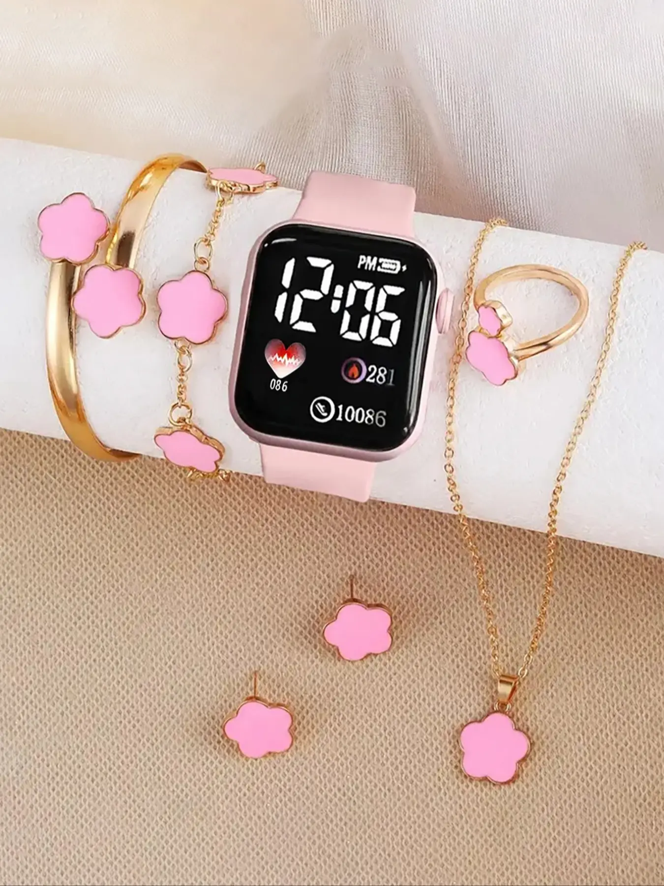 Cute Girly Silicone LED Watch Set with Flower Bracelet, Necklace, Ring, Earrings, Perfect Gift for Kids, Halloween & Christmas