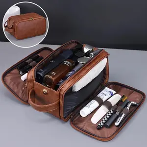 Toiletry Bag w/Handles for Men, Hygiene Organizer, Travel Dopp Kit, Mens Toiletries Organizer Case, Bathroom, Shaving, Cosmetic Storage, Travel & Grooming Essentials, PU Leather Water Resistant Cosmetic Bag Pouch
