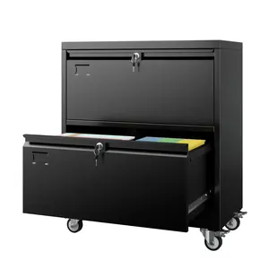 Aobabo 2 Drawer Lateral File Cabinet with Wheels, Lockable Metal Filing Cabinet for Home Office, Legal/Letter Size,Black,Required Assembled,15.87" D x 28.94" W x 34" H Standing Rolling Desk