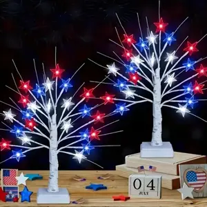 Two-Piece Set, 24 LED Lights, 8 Flashing Modes, Independence Day Design, Blue Stars, Holiday Decorations, Party Lighting