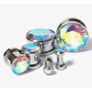 PAIR Large Aurora Borealis Gem Screw Fit Tunnel Plug Gauge Body Jewelry Piercing