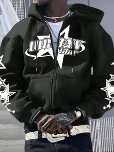 New Fall Winter Trendy Hooded Zipper Jacket, Streetwear Star Element Design, Casual Fitted Graphic Coat for Daily
