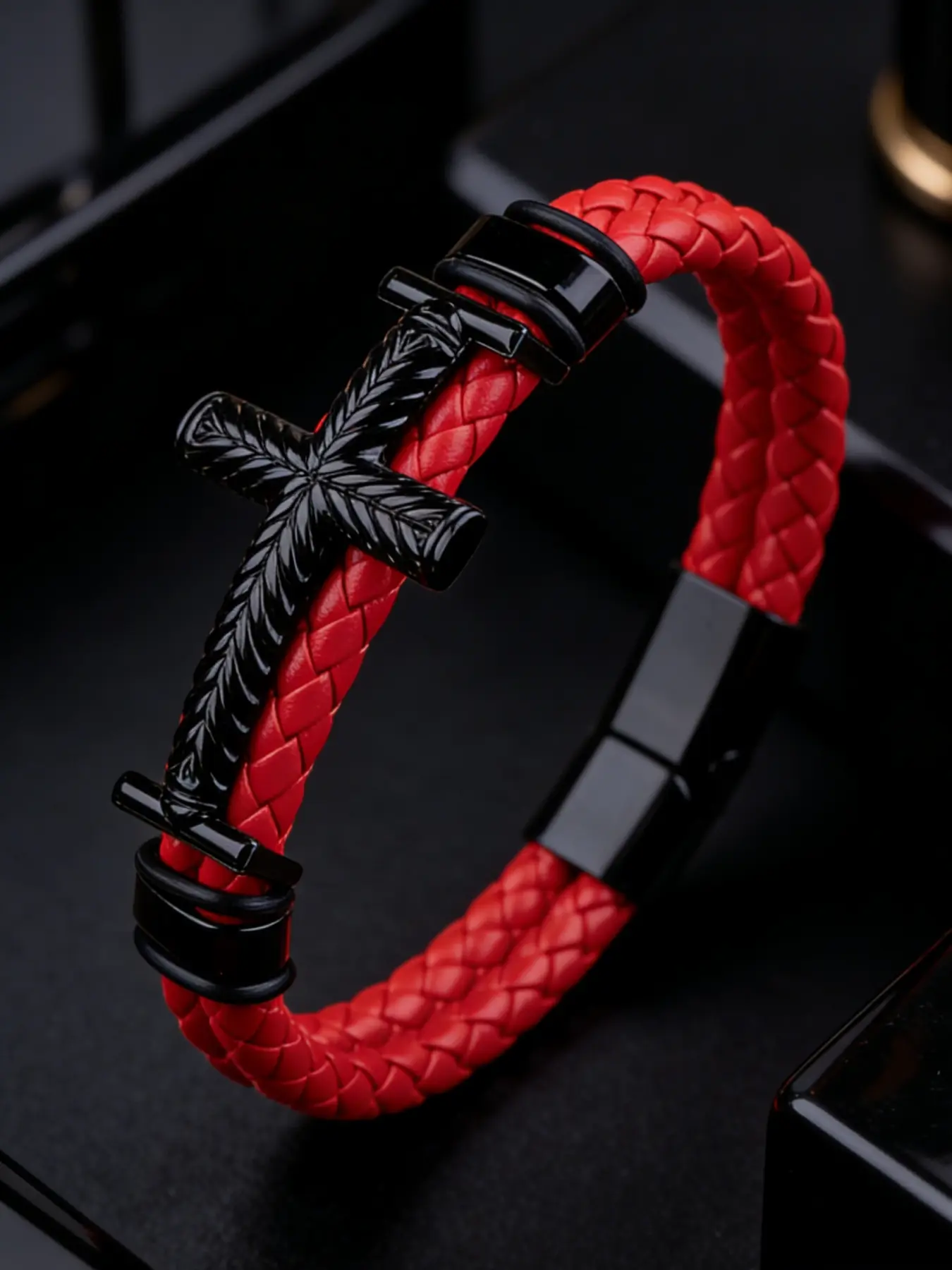 Men's Cross Composite Leather Woven Cord Bracelet with Magnetic Clasp, Men's Religious Jewelry, Ideal Faith Gift for Brothers, Stackable Bracelet, Cross Bracelets