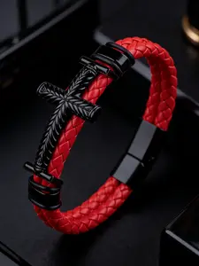 Men's Cross Leather Cord Bracelet Woven Religious Band Magnetic Clasp Ring Suitable for Brothers Faith Gift Men's Religious Jewelry Stackable Bracelets