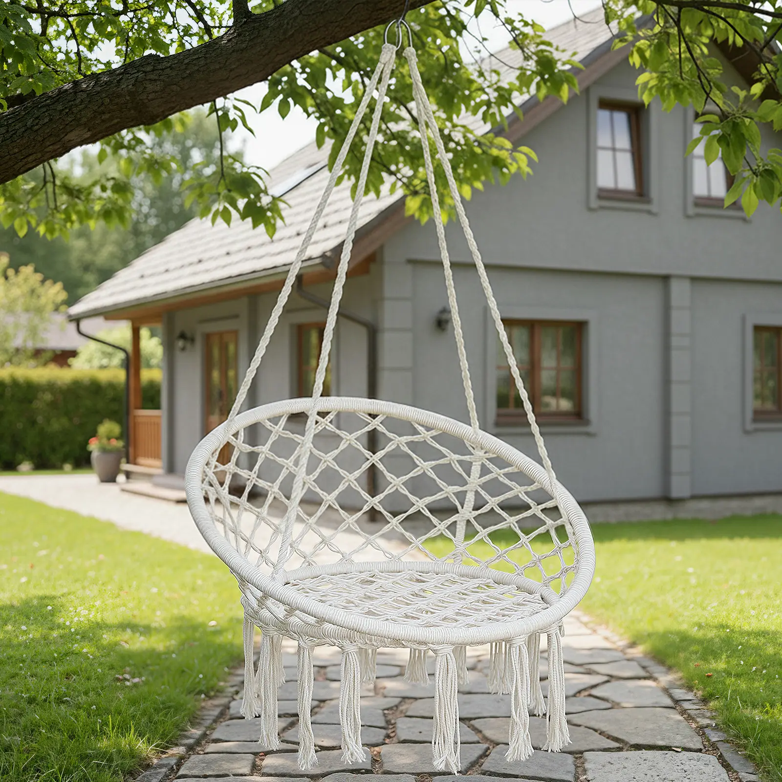 Garpans Hammock Chair Macrame Swing Bohemian Style Hammock Swing Chair with Tassels Hanging Swing Chair Handmade Knitted Cotton Rope for Indoor Outdoor Bedroom Patio Max 330 Lbs White
