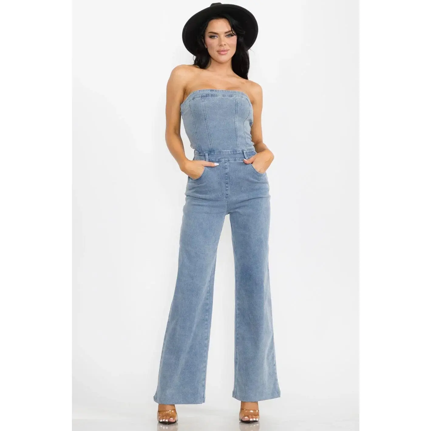RODEO REBEL STRAPLESS STRETCH WIDE LEG POCKET DENIM JUMPSUIT