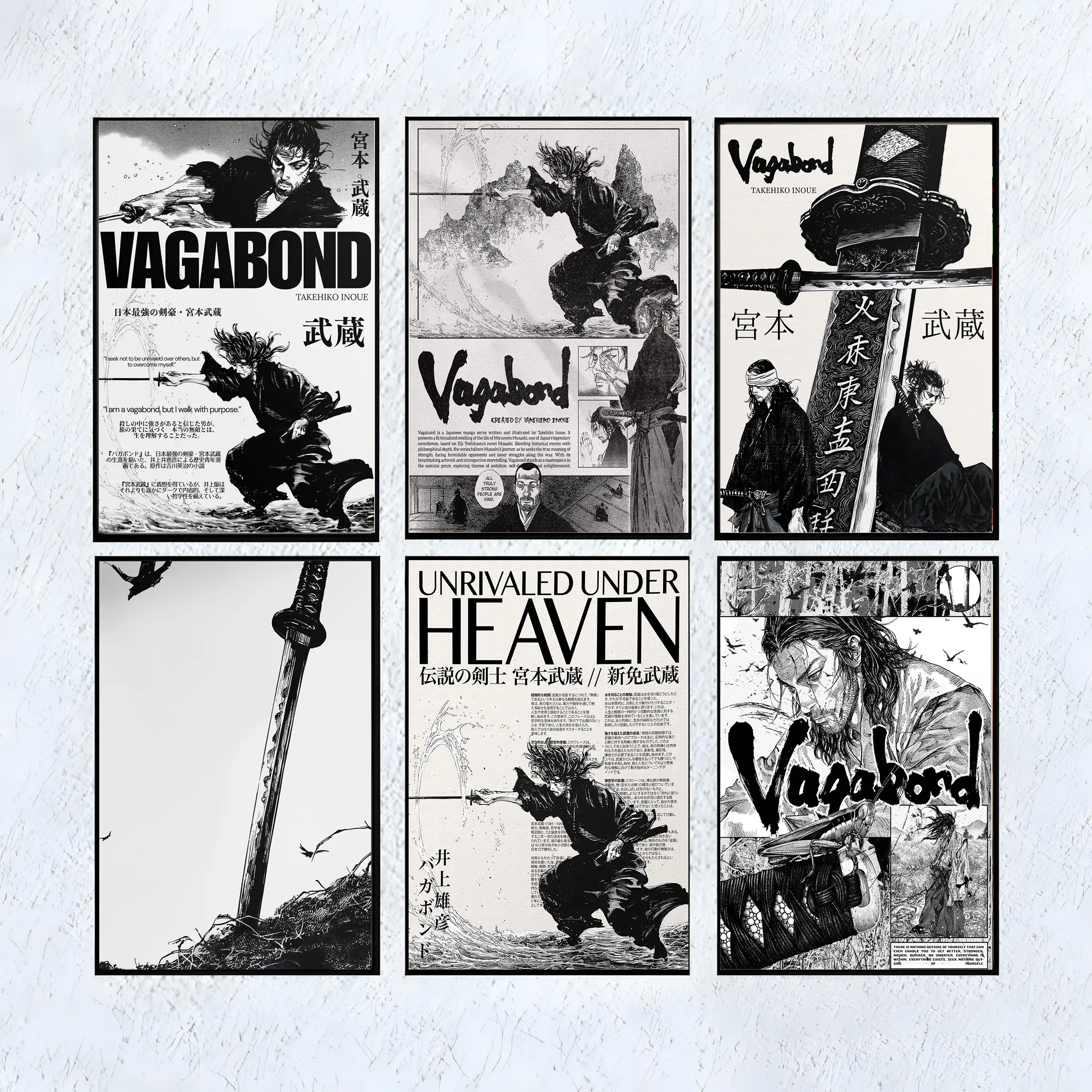 Vagabond Takehiko Inoue Japanese Anime Graphic Novel Poster - Cool Swordsman Art Unisex Home Decor, Christian Gifts for Anime Lovers, Wood Frame Option for Dining Room, Kid Room Decoration