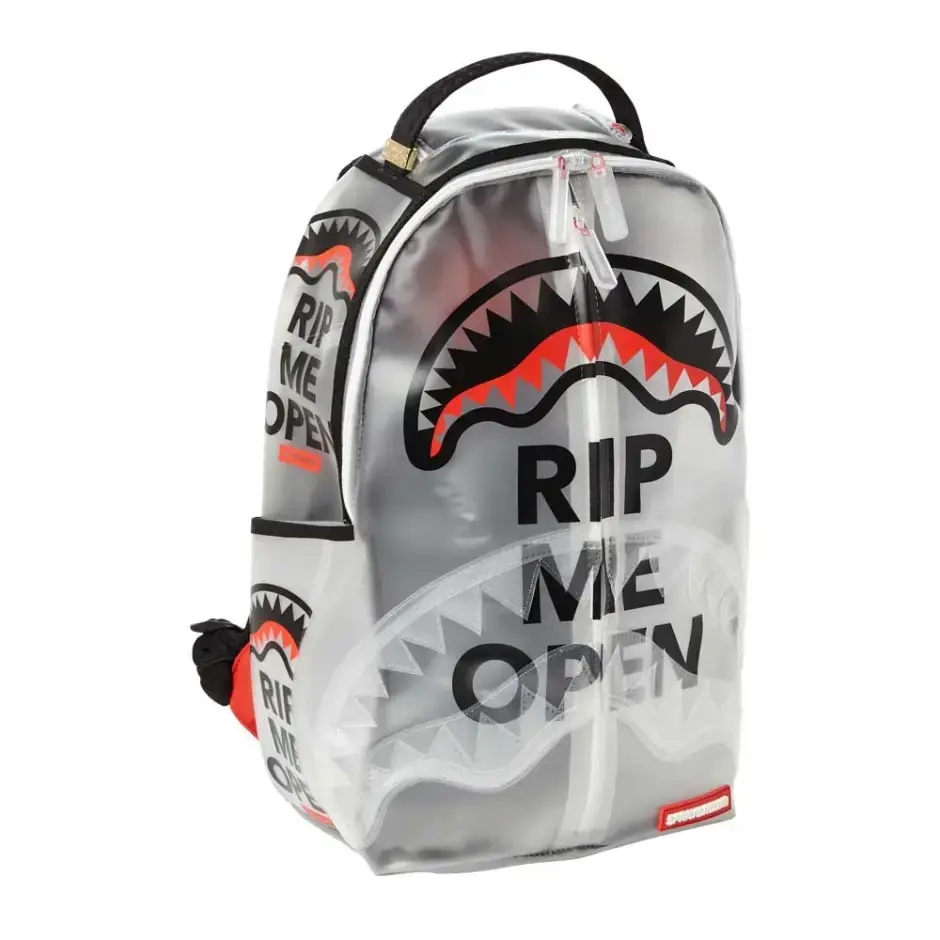 SprayGround Rip Me Open Backpack - Silver Color with Shark Design and "Rip Me Open" Text - Perfect for Daily Use and Travel