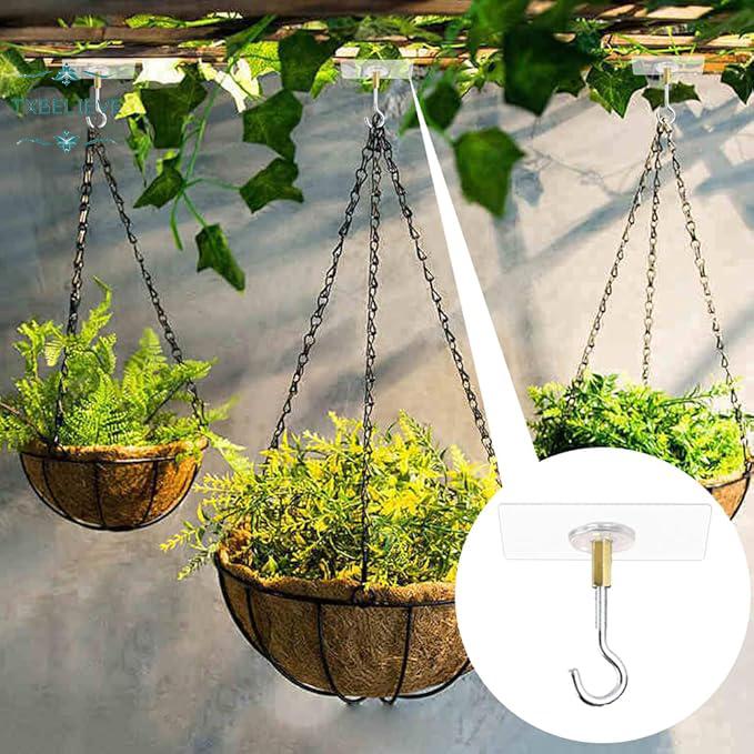 2PCS Self Adhesive Metal Ceiling Hooks Wall Mounted No Punching Plants Flower Pots Lanterns Hanging Holder Home Organizer“Transparent”
