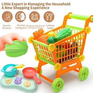 Kids Shopping Cart with Cutting Play Food Set for Kid Kitchen, 2 in 1 Shopping Cart for Kids Grocery Store,Pretend Play Kitchen Accessories,Food Categorization Cart,Learning Toys,Gift for Children 3-6, Miniature Cooking Set