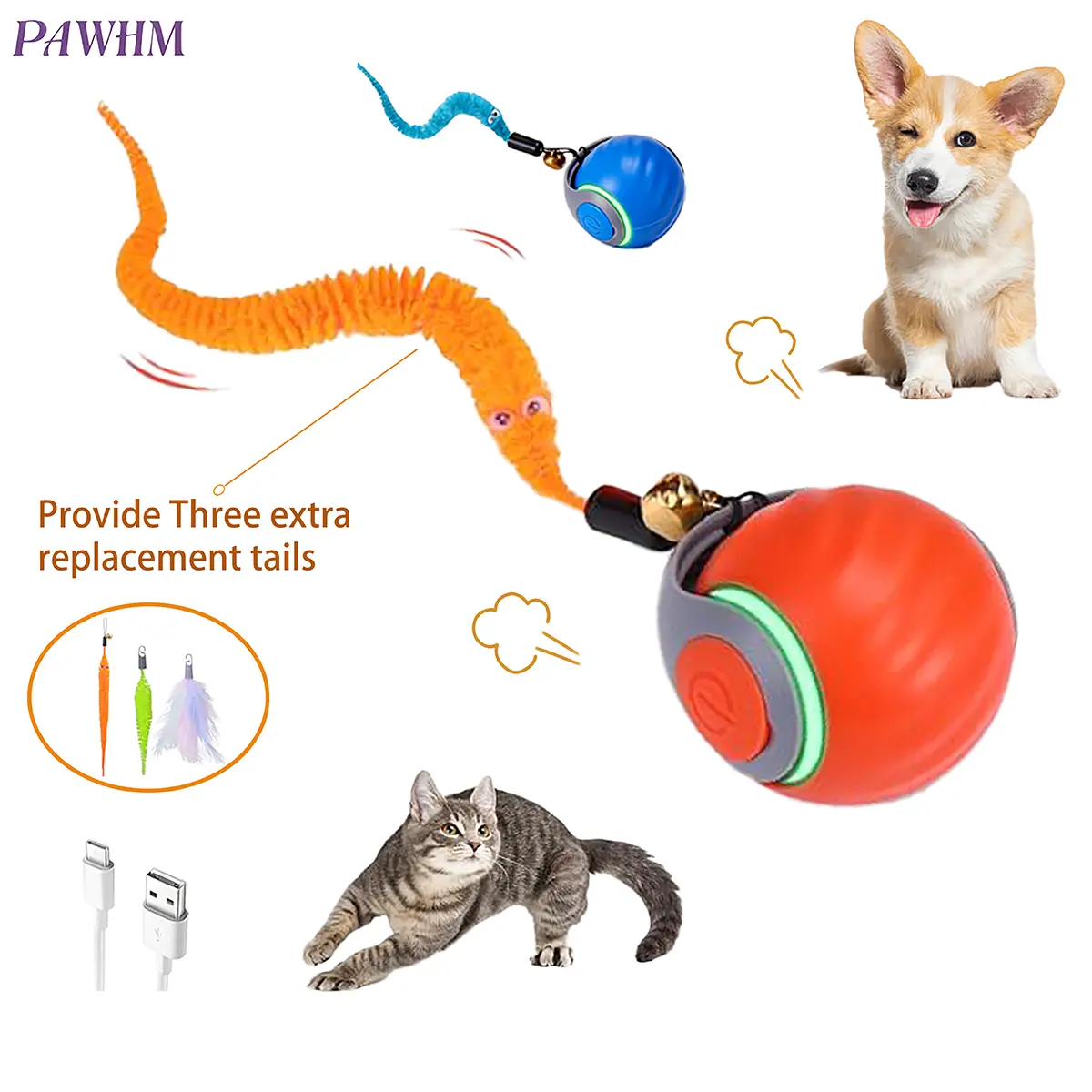 PAWHM  Smart Interactive Toy Balls,Automatic Moving Balls for Cat Touch Motion Rolling Toy Ball,Self Rolling Smart Toy Ball Interactive tToys with Tail cat toys