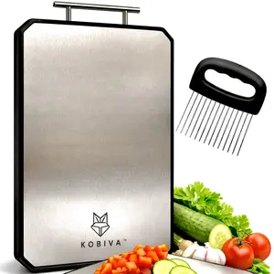 Stainless Steel Cutting Board | Durable 304 Steel Kitchen Cutting Board | Dishwasher Safe, Knife-Friendly, Anti-Slip Chopping Board, 15X11 ((Board + Onion Holder Set)