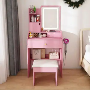 3-Color LED Vanity Mirror with Stool, Pink Dressing Table for Bedroom, 2 Drawers & 5 Storage Cabinets (4 Open + 1 Hidden), Adjustable Lighting (Pink)