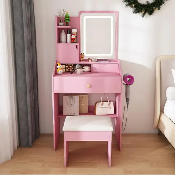 3-Color LED Vanity Mirror with Stool, Pink Dressing Table for Bedroom, 2 Drawers & 5 Storage Cabinets (4 Open + 1 Hidden), Adjustable Lighting (Pink)