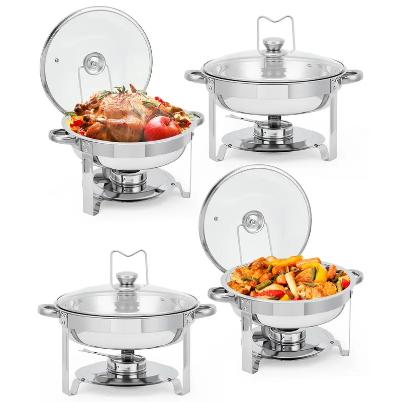 4-Pack Rust-Resistant Stainless Steel Round Chafing Dish Buffet Set - 5 QT Capacity, Glass Lids, Lid Holder, Water Tray, Fuel Can Warmers, Wipe Clean After Events, Ideal for Parties, Hotels, Weddings