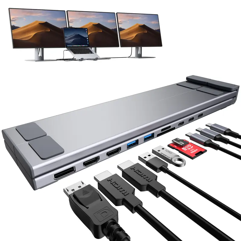 Mukiya USB C Laptop Docking Station Stand (Fits 10–17in Laptops) - 10 in 1 Computer Peripherals Hub, 2*HDMI+1*DisplayPort 4K@60Hz 3 Monitors, 2*USB 3.0, 1*USB C 3.0 (Data Transfer Up to 5Gbps), 1*SD/1*TF, 100W PD, for MacBook/Dell/HP