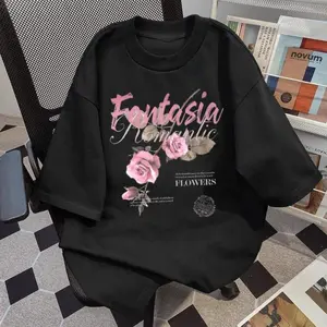 Women's Oversized Black Graphic T-Shirt Pink Rose Floral Print Retro Romantic Fantasia Letter Tee Y2K Grunge Casual Loose Fit Short Sleeve Crew Neck Summer Top