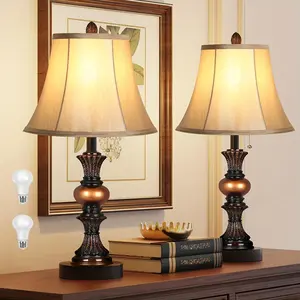 2024 Traditional Table Lamp Set of 2, Vintage Bedside Lamps with 3 Color Temperatures LED Bulbs, Classic Bronze Desk Lamps with Bell Shape Faux Silk Shade for Living Room, Bedroom, Pull Chain Switch