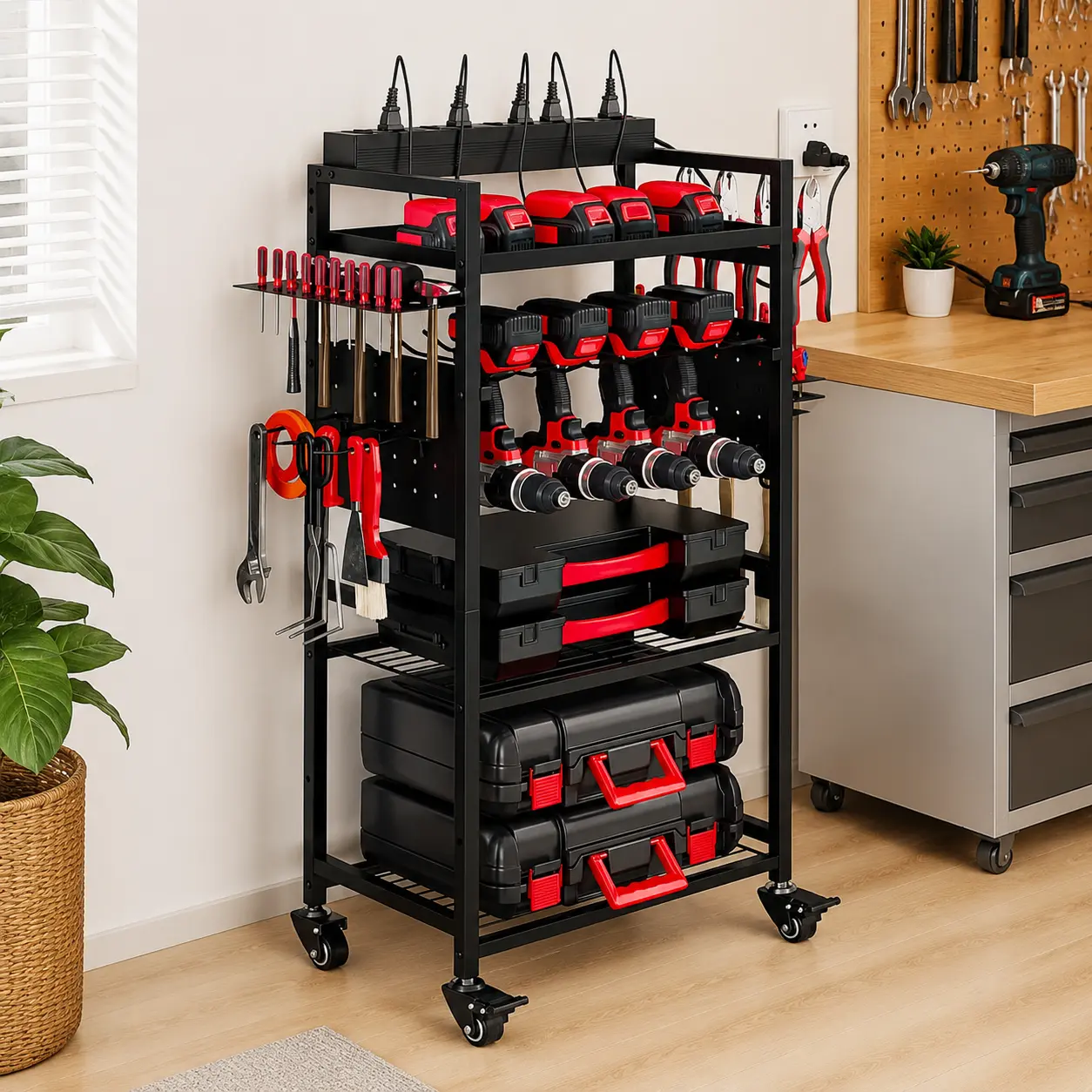 SUOERNUO Heavy Duty Rolling Power Tool Organizer Cart, 360° Rotation Wheels, 17.7x11.02x33.85 Inches Large Capacity Drill & Battery Holder Utility Shelf, Ideal for Workshop Organization (Christmas/Birthday/Father's Day Gift)