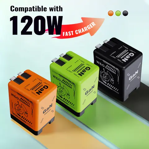 W&O GaN Fast Charger Portable Folding 120W Wall Adapter, with Dual Retractable Type-C & Lightning Cables for Universal iPhone Android Laptop Tablet Devices, GaN Smart Chip Auto Power Adjust & Safety Protection, perfect for Travel & Home with Ultra-Fast Ph