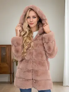 RED MARINE Women's Winter Long Fashion Fleece Jacket with Hood and Zipper - Stylish and Cozy Outerwear for Cold Weather