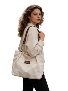 Korean Style Casual Corduroy Material Tote Bag, Vintage Chain Strap, Retro Leather Tag Design, Large Capacity Shoulder Bag for Commuting and School, Casual Trendy Bag
