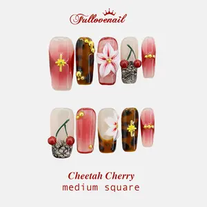 Fullovenail Cheetah Cherry Medium Square 10 PCS Reusable 3D Gel Fake Nails Acrylic Press on Nail Winter 2025 Colorful Art Pink Flower Handmade Unique Design