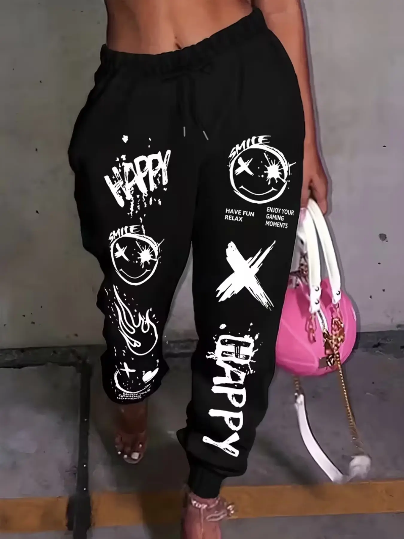 Women's Casual Sporty Long Pants, Sporty Trousers, Drawstring Sports Pants, Letter and Graffiti Smiley Print, Drawstring Ankle Cuffs, Loose-Fitting, All Seasons Wear