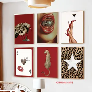6-Piece Set, Stylish Red Leopard-Print Wall Art; Cool and Lucky Wall Decor; Ace of Hearts and Spades Playing Card Canvas Print; Retro-Style Room Decor; Poster; Perfect for Girls' Apartments and Dorm Rooms; Contemporary Home Gift; Frameless