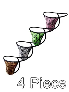 Men's 4pcs Sexy Leopard Print G-String Thong, Fitted Breathable Comfortable Snakeskin Printed Underwear for Daily Wear, Fashion Men's Underwear for All Seasons