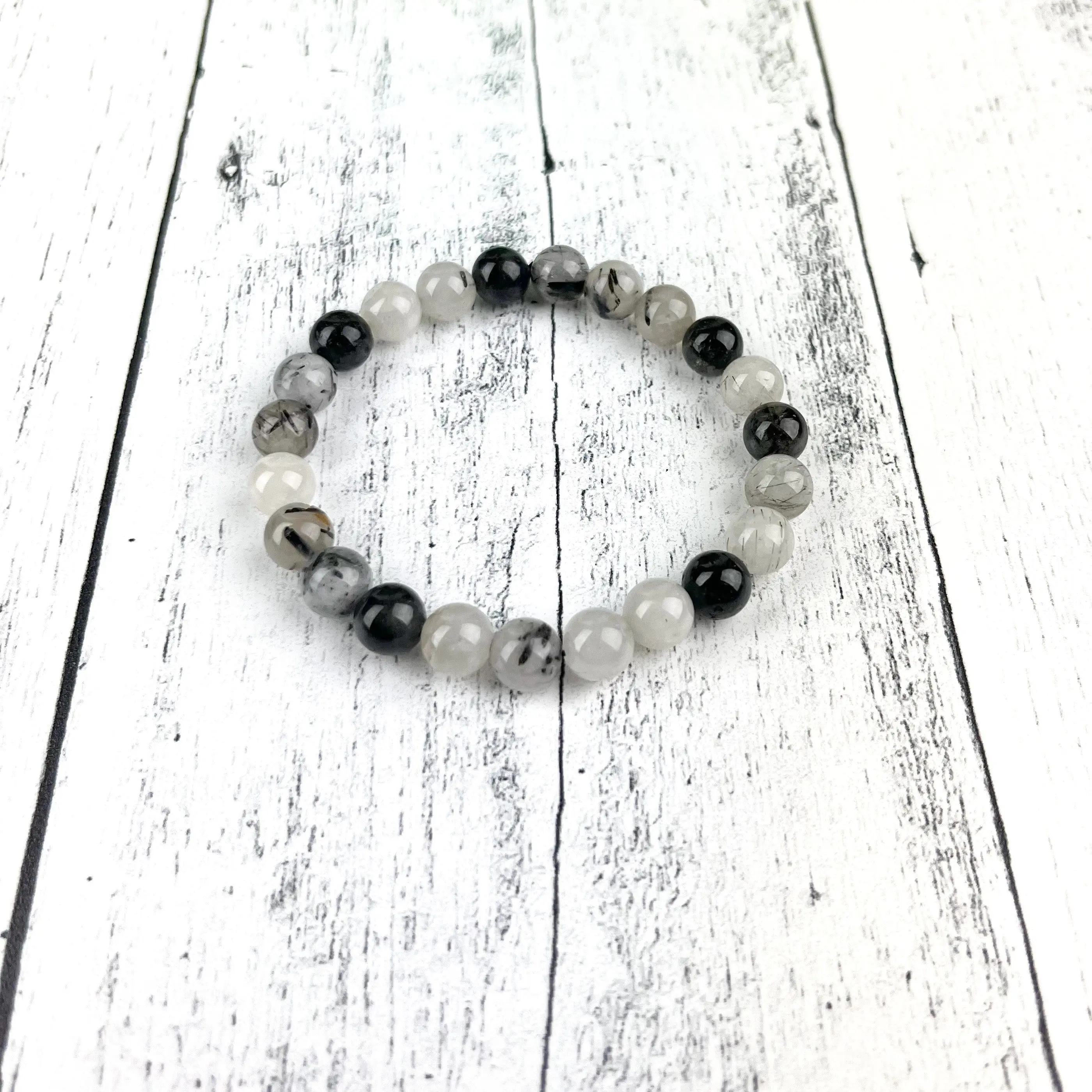 Protection & Clarity Crystal Bracelet – 8mm Tourmalinated Quartz with Clear Quartz Beads on Stretch Cord – Energy Shielding Jewelry