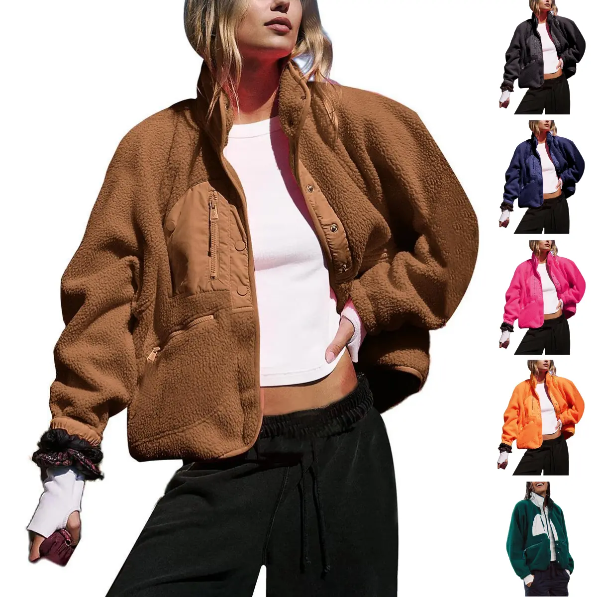 Tanming Women's  Button Down Fleece Jacket Fuzzy Sherpa Patchwork Bomber Jackets Shacket Teddy Coat Outerwear