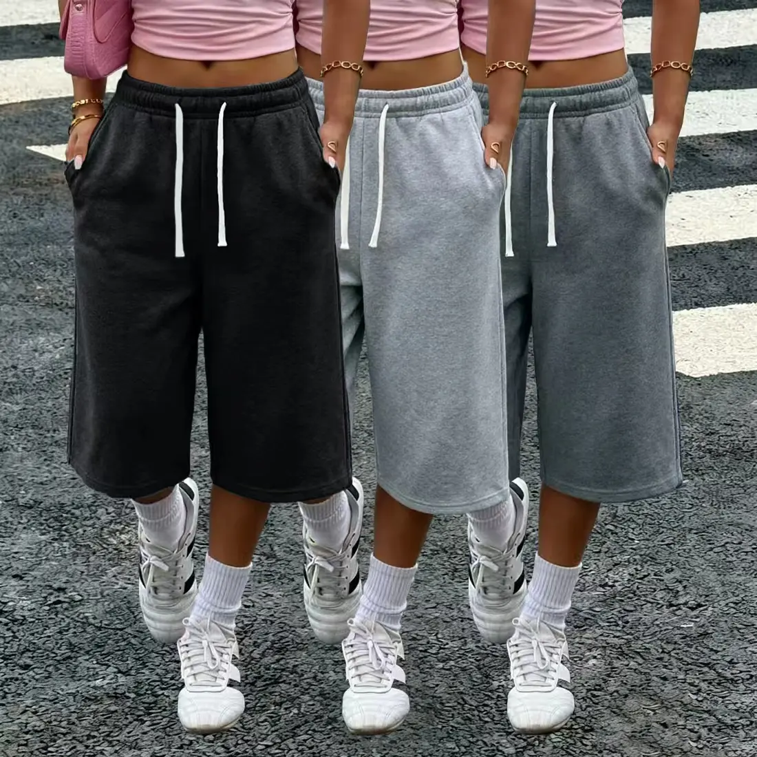 Women’s 1–3-pack solid-color three-quarter wide-leg loose pants — with pockets, elastic waistband, lightweight fleece fabric, summer casual basic pants — without pockets sohochic