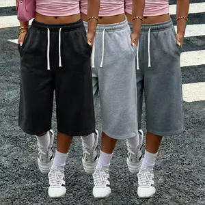 Women’s 3-pack three-quarter wide-leg loose pants — pockets, elastic waistband, solid color; summer casual basic pants