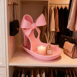 Elegant High Heel Jewelry Tray 3D Printed Decor | Bow Ring Holder, Pink Desktop Organizer, Home Jewelry Organizer, Shoe Display Stand for Rings Earrings Necklaces