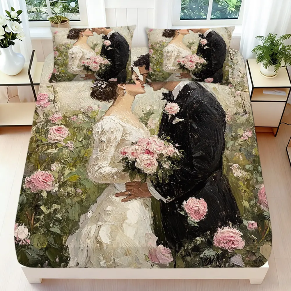 2/3 Pcs 2D Flat Romantic Wedding Couple with Pink Roses Fitted Sheet Set Romantic Bedding Set Quilt Cover 1 Fitted Sheet + 1/2 Pillowcases Rose Decorative Bedding Bedroom Decor