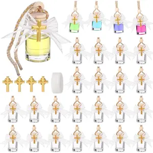50 Set Holy Water Bottles Bulk Glass Baptism Favors for Guests Mini Catholic Christian Water Container with Cross Pin and Ribbon for Catholic Holy Communion Gifts Church Wedding Gift