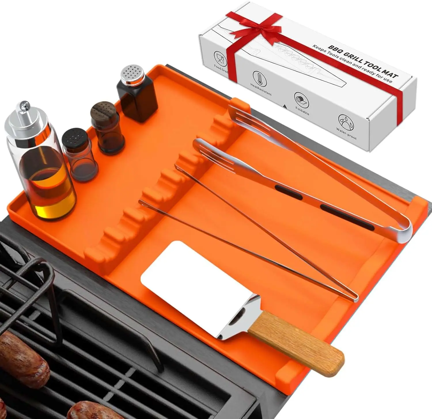 [New Deal] Silicone Grill MatSmoker Griddle Accessories Grilling Gifts | Spatula Mat for Outdoor Grill Kitchen Counter(17" x 11.5") Anti-Slip Grill Mat with Utensil Holder