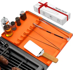 [New Deal] Silicone Grill MatSmoker Griddle Accessories Grilling Gifts | Spatula Mat for Outdoor Grill Kitchen Counter(17" x 11.5") Anti-Slip Grill Mat with Utensil Holder