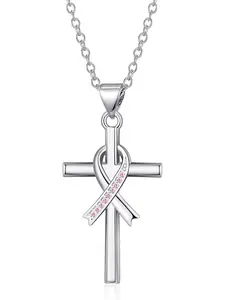 14K White Golden Plated Breast Cancer Awareness Dainty Necklace for Women Cross Pink Ribbon Pendant Necklace,Breast Cancer Survivor Jewelry Gifts for Women