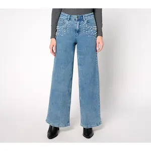 Me by Jennie Garth Indigo Reg Wide Leg Jean with Pearl Detail