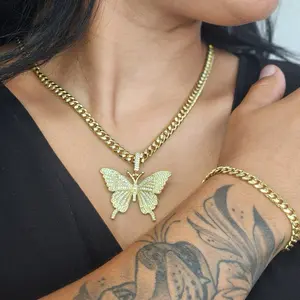 ViOrO 14K Gold Plated 6mm Cuban Link 18 Inch Chain with Bracelet and Zircon Butterfly Pendant for Dairy Use. Electro Laminated Premium Jewelry