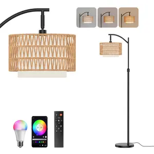 DEMILARE  Bohemian Y/Fishing  Floor Lamp, Rattan LED Sofa Lamps, Tri-Color Temperature Adjustable High Lamp with Foot Switch and Remote Control Arc Floor Lamp for Living Room,  Office Dimmable RGB Bulb Included,living room decor, Stock Up,Mother's Day