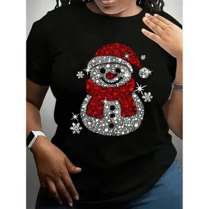 1count Women'S Christmas Snowman Graphic T-Shirt, V-Neck Short Sleeve Casual Top, Polyester Knit Fabric With Slight Stretch, Regular Fit Pullover For Spring Summer2ZX