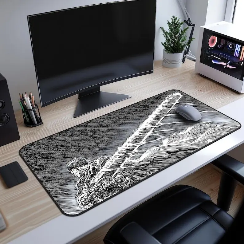 Berserk Mouse Pad, Dark Anime Desk Mat, Sketch Style Gaming Mousepad, Guts XL Deskpad, Japanese Art Mat, Black & White Anime Mousepad