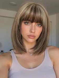 12 Inch Bobo Head Wig with Bangs, Deep, High-Light Synthetic Fiber, Synthetic Hair, Large Scalp Design, Natural Look, Easy Care, Straight Bob Wig, Highlight Bob Wig
