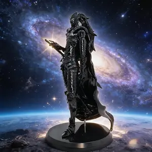 Dark Armored Warrior Figure, Sci-Fi Knight Statue with Galaxy Background, Collectible Full Armor Warrior with Cape, Unique Sci-Fi Decor