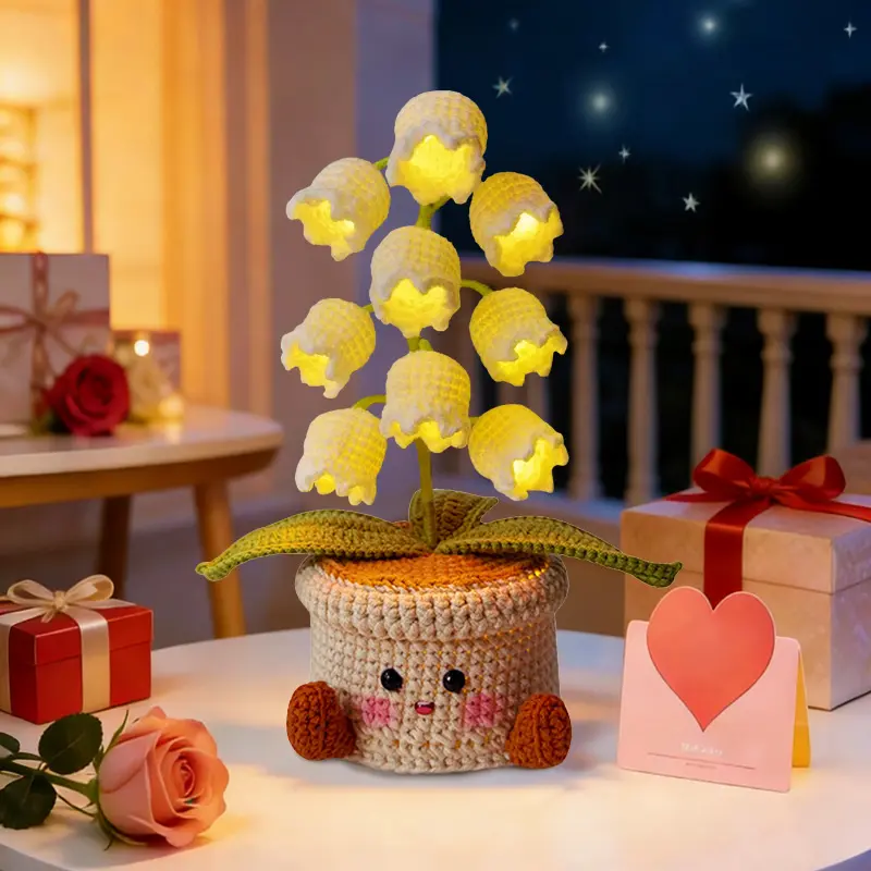 Handmade Crocheted  Lily of the Valley LED Lamp, With ChristmasGreeting Card, Christmas Decoration, Heartfelt Valentine's Day Gift, Mother's Day Gift, Handmade Floral Lamp, Bedside Night Light, Desktop Home Decoration