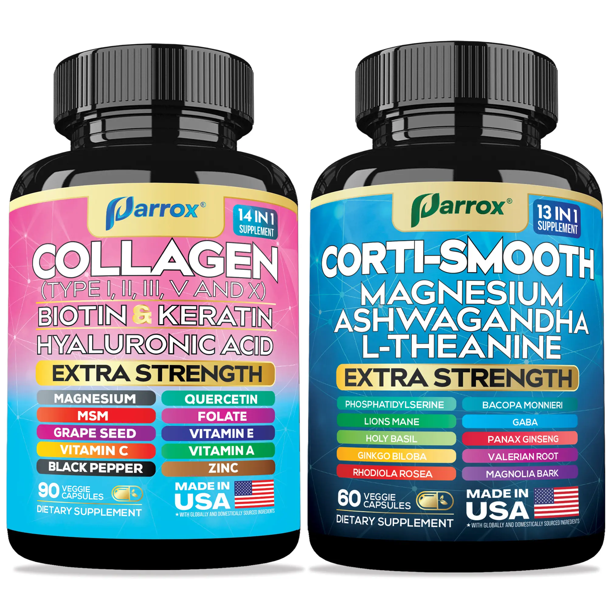 PARROX Shining Serenity Set - Collagen & Cortisol All-in-One Multivitamin Combo - Made in USA with Extra Strength Ingredients