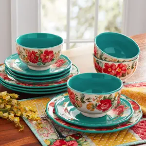 Vintage Floral 12-Piece Dinnerware Set, Teal Bowl Cutlery